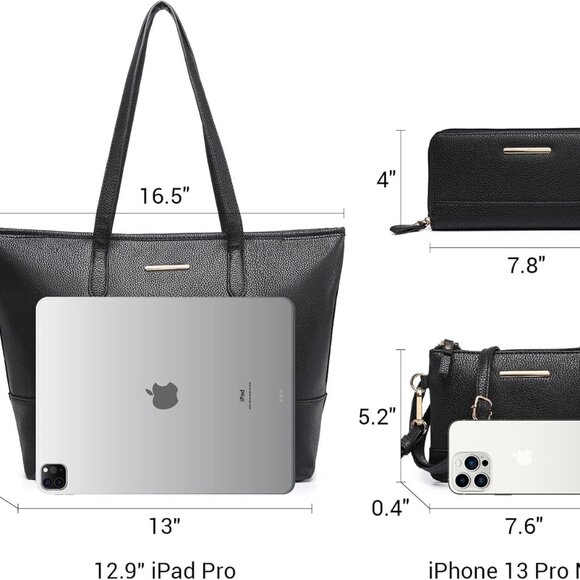 Vegan Leather Tote Bag Set 3PCS Spacious Durable Stylish for Work Travel - Picture 5 of 7